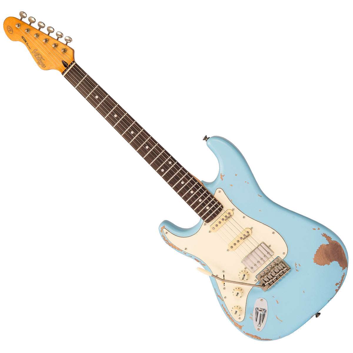 Vintage V6 ICON Electric Guitar ~ Left Hand Distressed Laguna Blue, Guitare électrique en vente chez Richards Guitars.