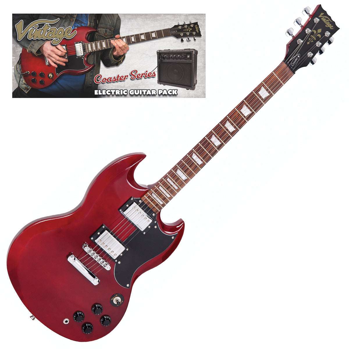 Vintage V69 Coaster Series Electric Guitar Pack ~ Cherry Red, Guitare électrique en vente chez Richards Guitars.