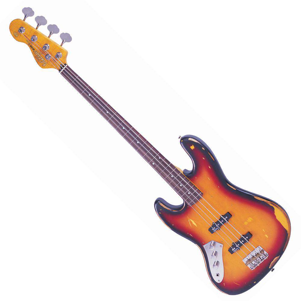Vintage V74 ICON Fretless Bass ~ Sunset Sunburst ~ Left Hand, Guitare basse à vendre chez Richards Guitars.