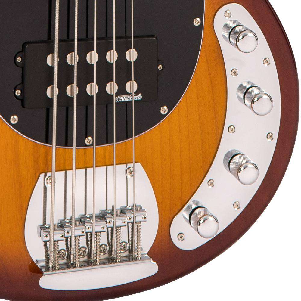 Vintage V96 ReIssued 5-String Active Bass ~ Flamed Tobacco Sunburst, Guitare Basse à vendre chez Richards Guitars.