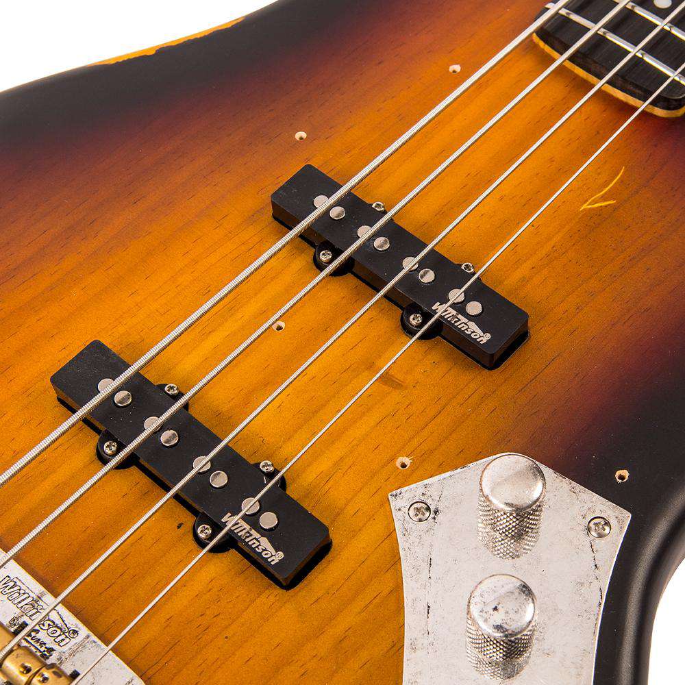 Vintage VJ74 ICON Bass ~ Distressed Sunset Sunburst, Guitare Basse à vendre chez Richards Guitars.