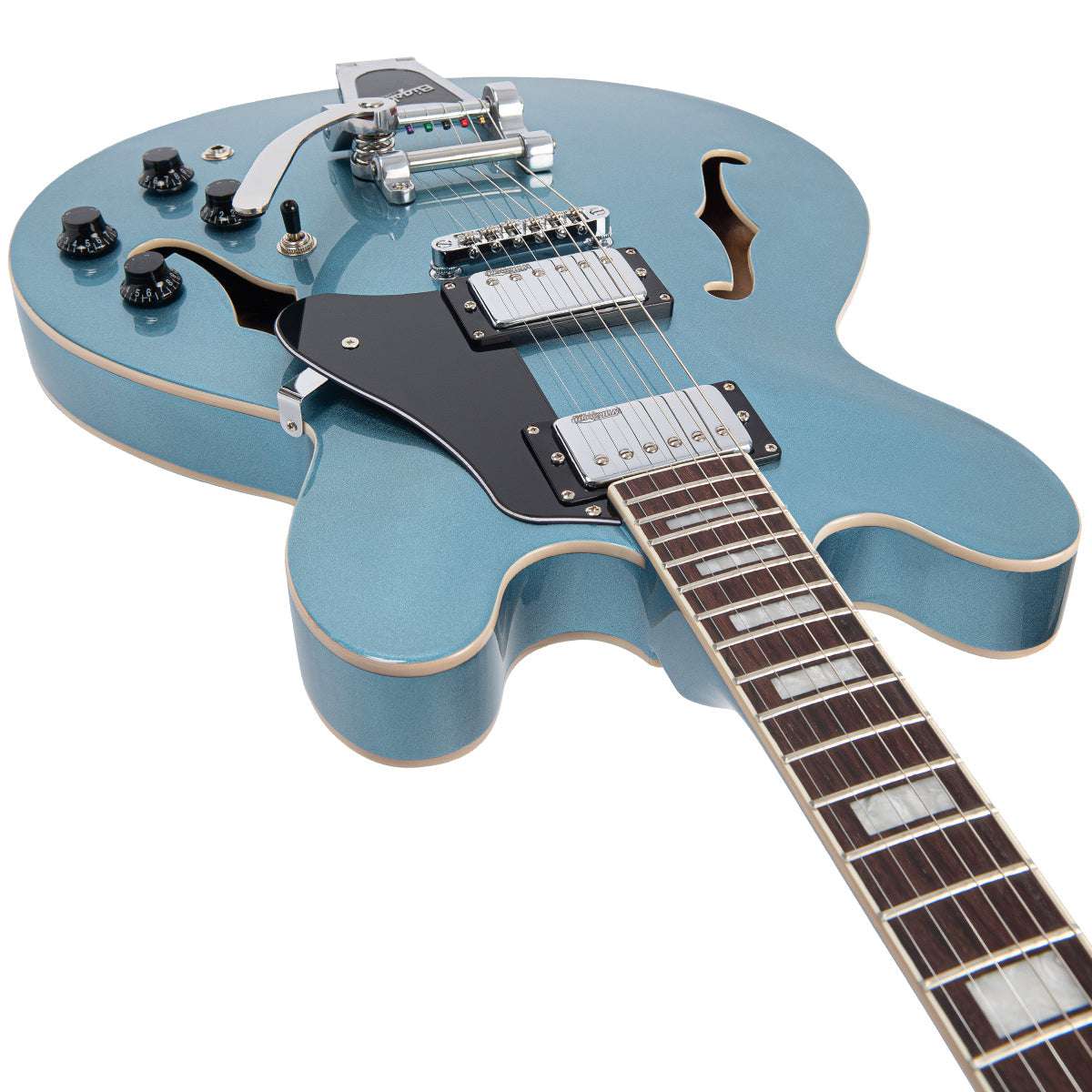 Vintage VSA500B ReIssued Semi Acoustic Guitar w/Bigsby ~ Gun Hill Blue, Guitare électrique en vente chez Richards Guitars.