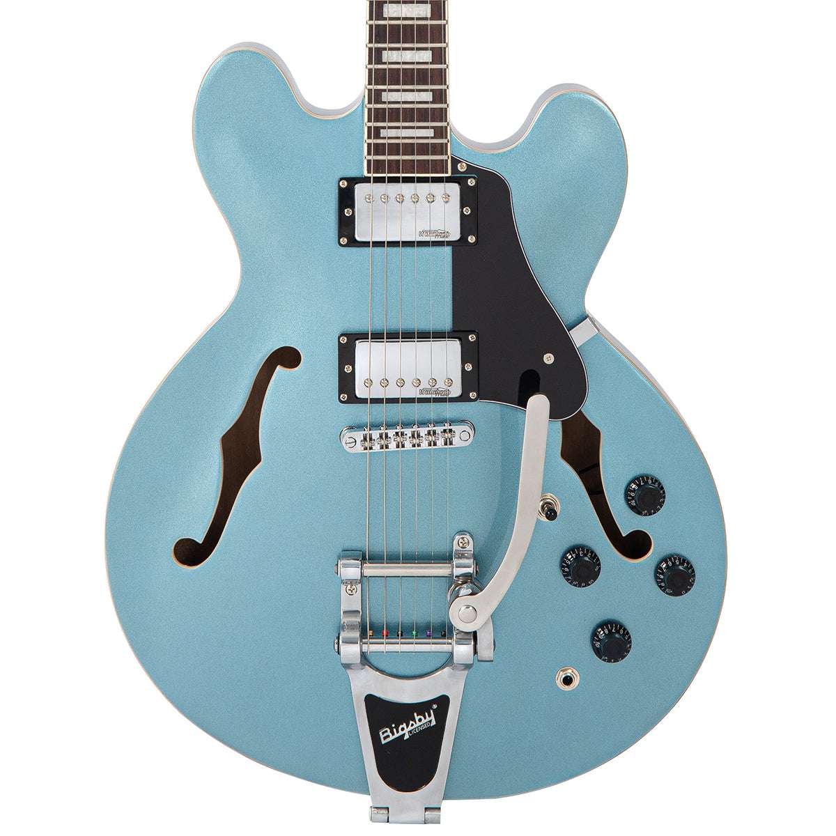 Vintage VSA500B ReIssued Semi Acoustic Guitar w/Bigsby ~ Gun Hill Blue, Guitare électrique en vente chez Richards Guitars.