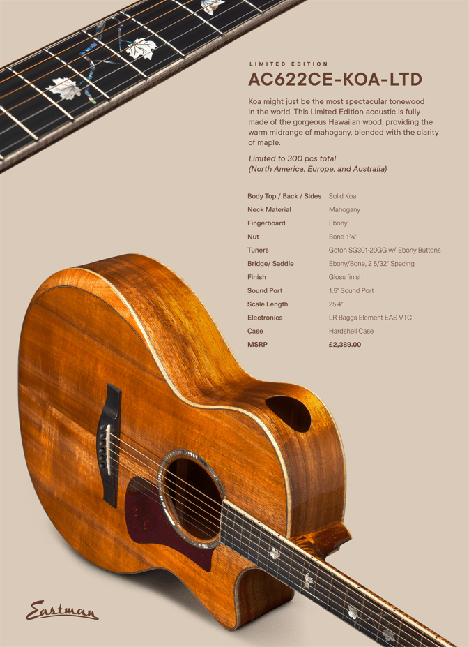 Eastman All Solid Koa AC622CE KOA LTD Arriving Summer - Only 300 Worldwide - Richards Guitars Of Stratford Upon Avon