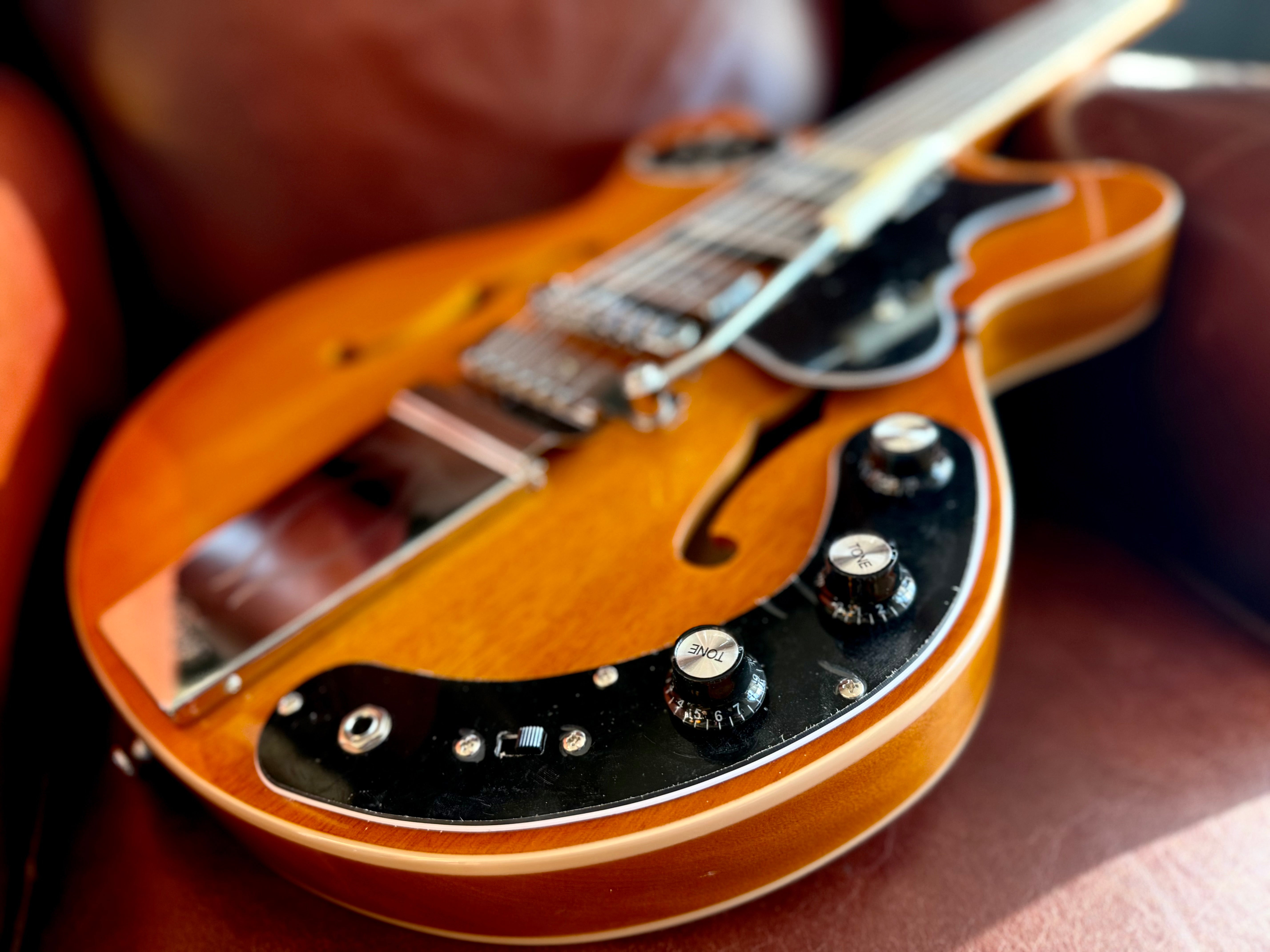 Vintage REVO Series 'Superthin' Electric Guitar ~ Amberburst, Electric Guitar for sale at Richards Guitars.