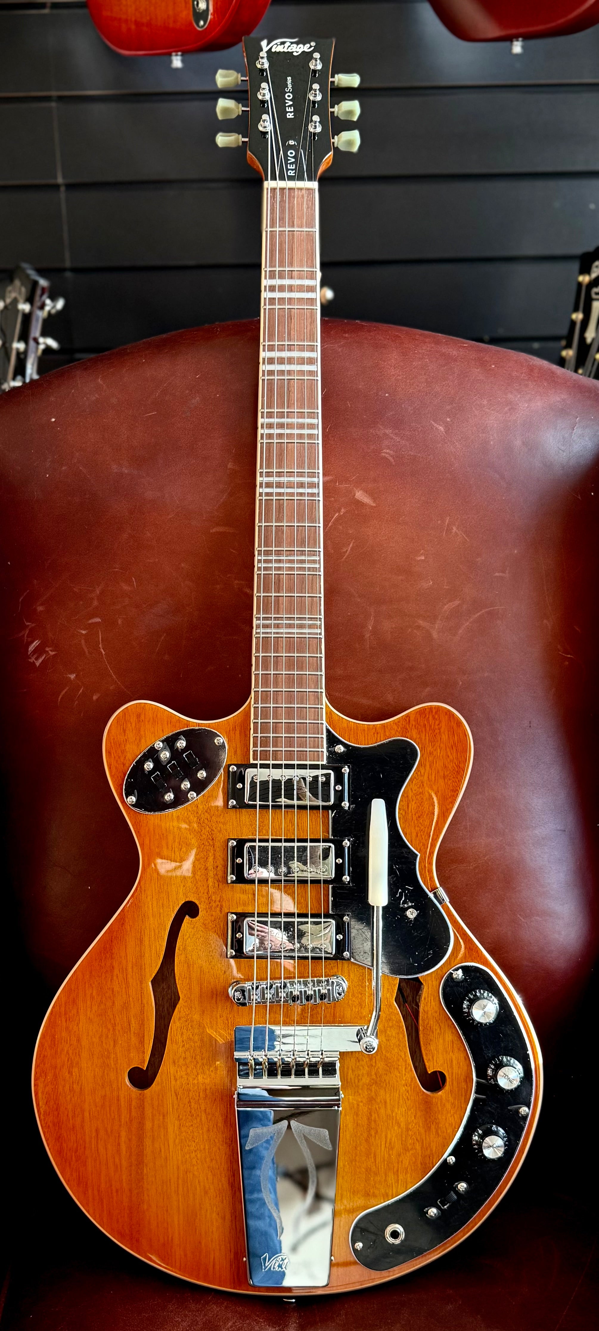 Vintage REVO Series 'Superthin' Electric Guitar ~ Amberburst, Electric Guitar for sale at Richards Guitars.