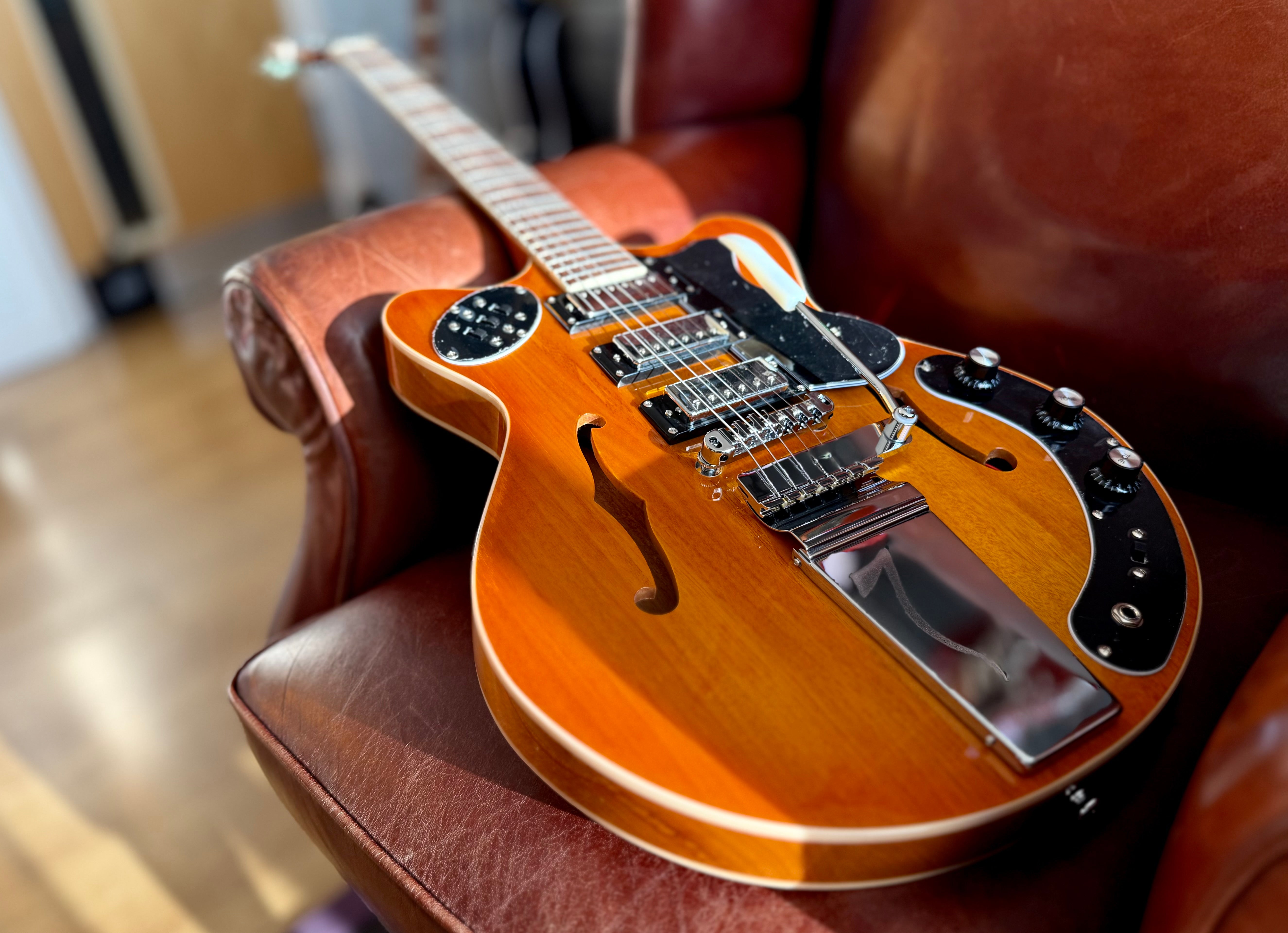 Vintage REVO Series 'Superthin' Electric Guitar ~ Amberburst, Electric Guitar for sale at Richards Guitars.