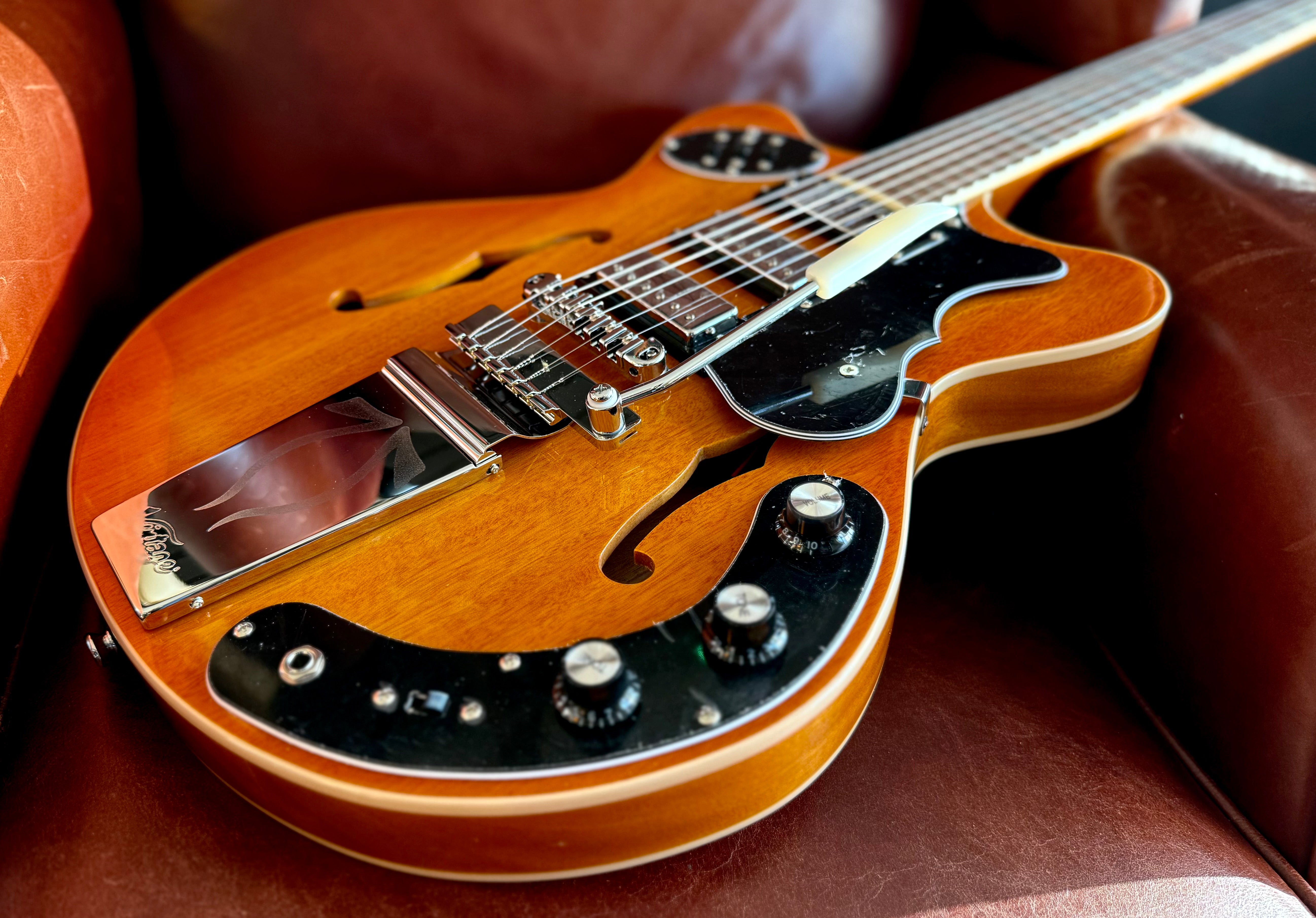 Vintage REVO Series 'Superthin' Electric Guitar ~ Amberburst, Electric Guitar for sale at Richards Guitars.
