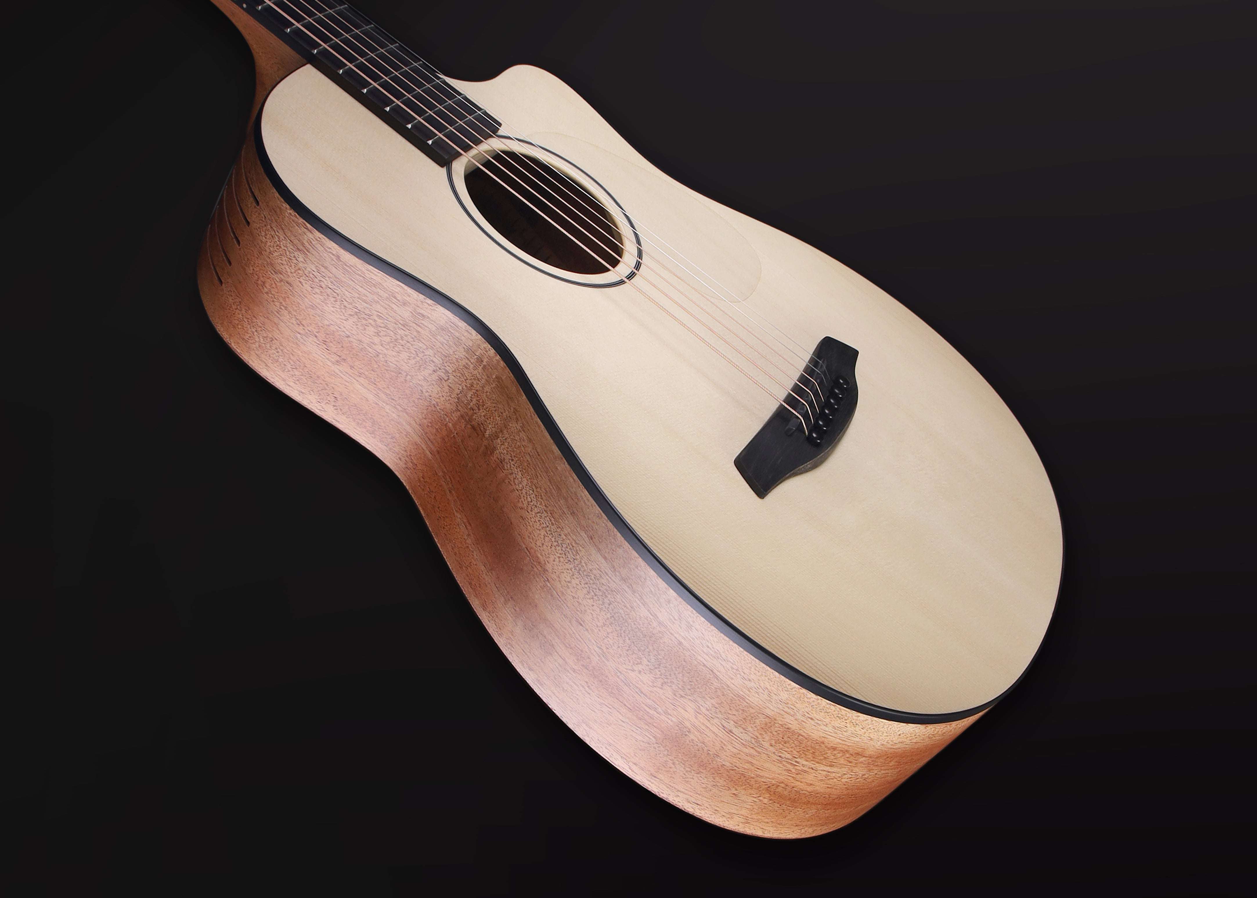 Furch Pioneer EM: Engelmann spruce top with African mahogany back and sides. (Furch Mini / Travel Guitar) (2025 CNR Active Upgrade Model), Acoustic Guitar for sale at Richards Guitars.