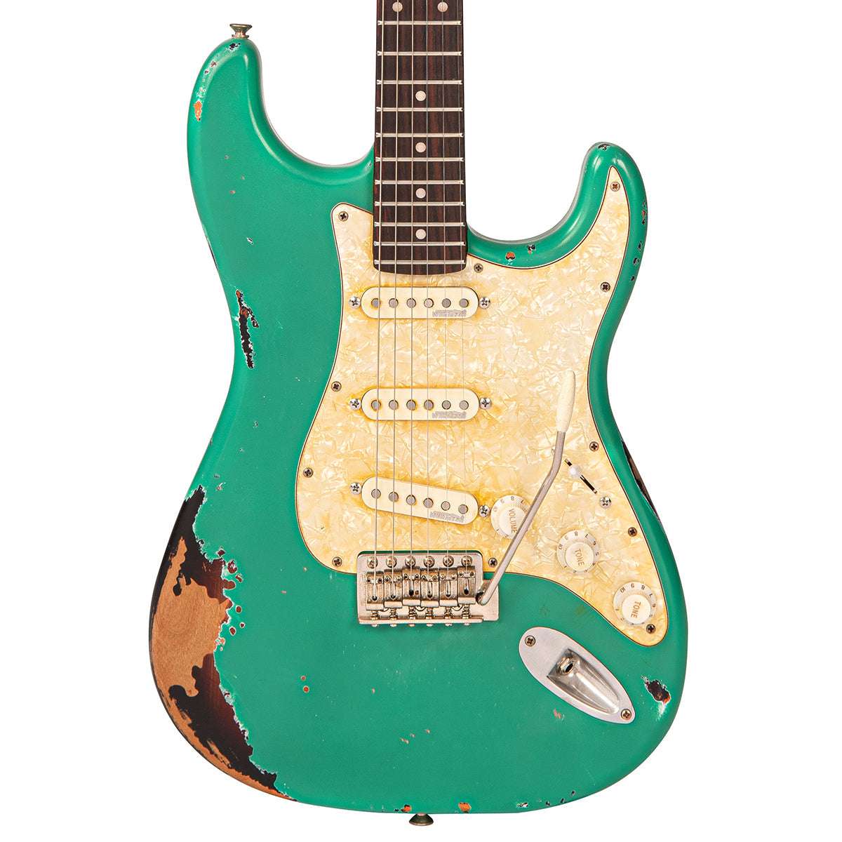 IN BUILD: - Vintage V6 ProShop Unique ~ Surf Green over Sunburst ~ Left Handed, Electric Guitar for sale at Richards Guitars.