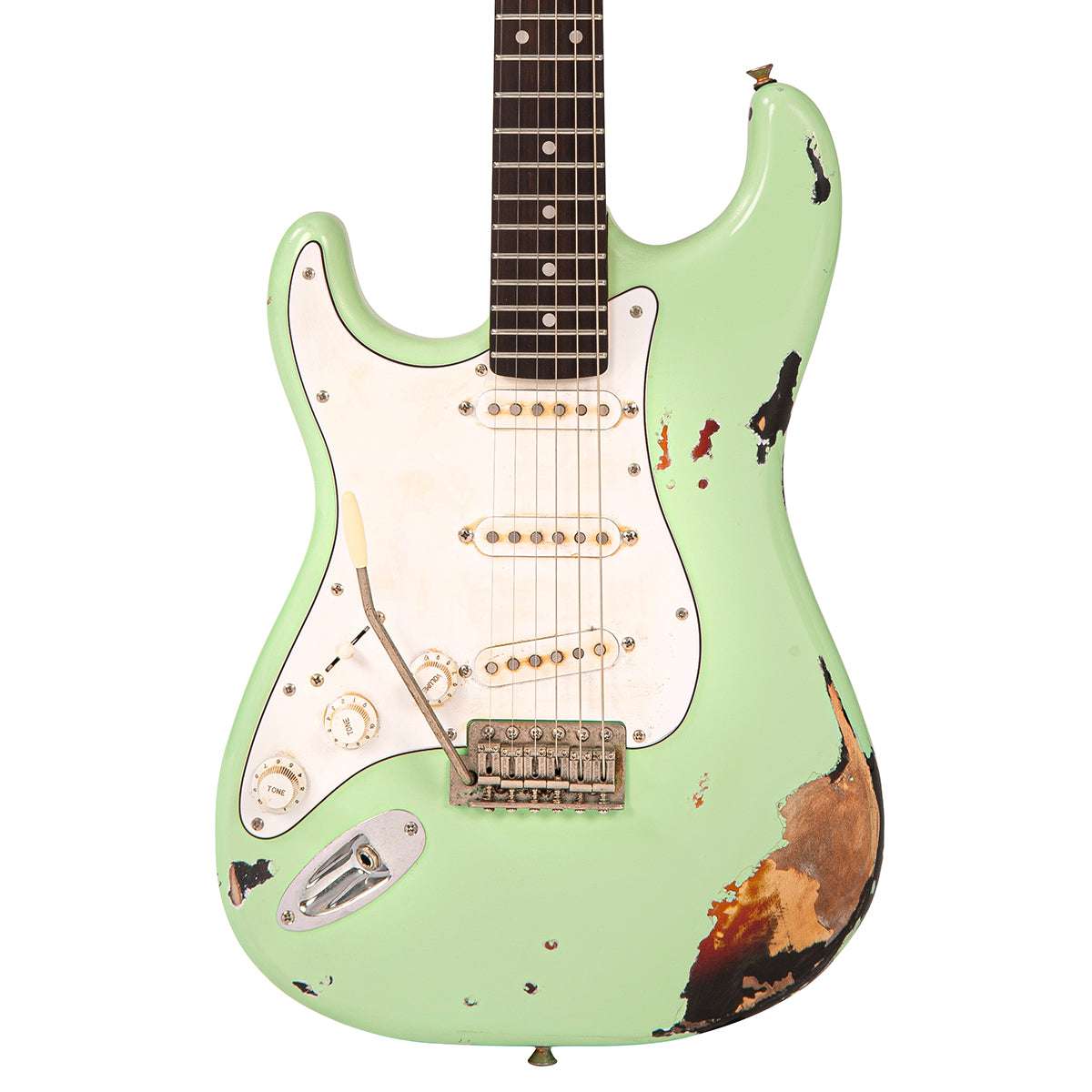 IN BUILD: - Vintage V6 ProShop Unique ~ Surf Green over Sunburst ~ Left Handed, Electric Guitar for sale at Richards Guitars.