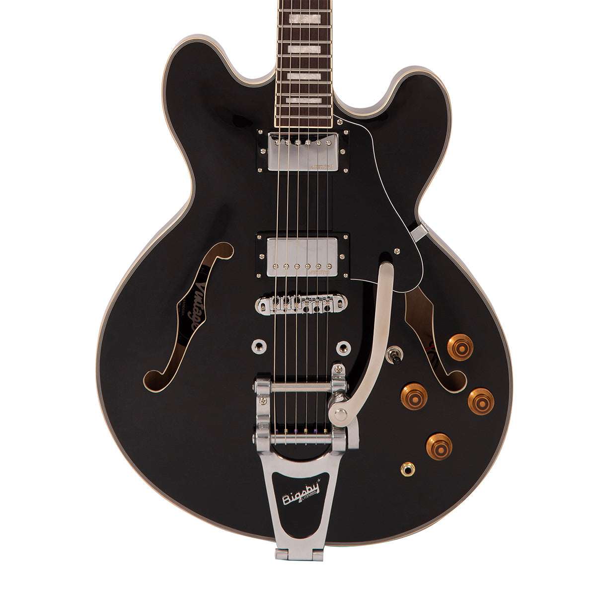IN BUILD: - Vintage VSA500 ProShop Unique ~ Gloss Black with Bigsby, Electric Guitar for sale at Richards Guitars.