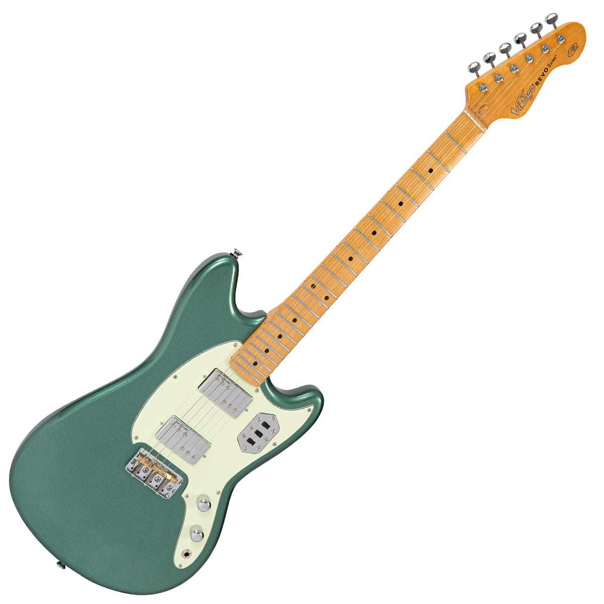 Vintage REVO Series 'Colt HH Twin Hardtail' Guitar ~ Metallic Sherwood Green, Electric Guitar for sale at Richards Guitars.