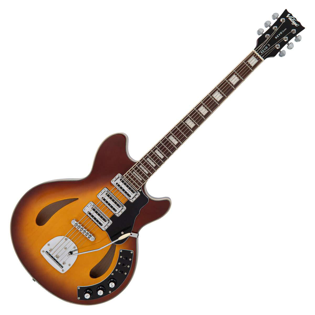 Chitarra semiacustica vintage REVO Series 'Custom Supreme Baritone VI' ~ Tobacco Sunburst, in vendita presso Richards Guitars.