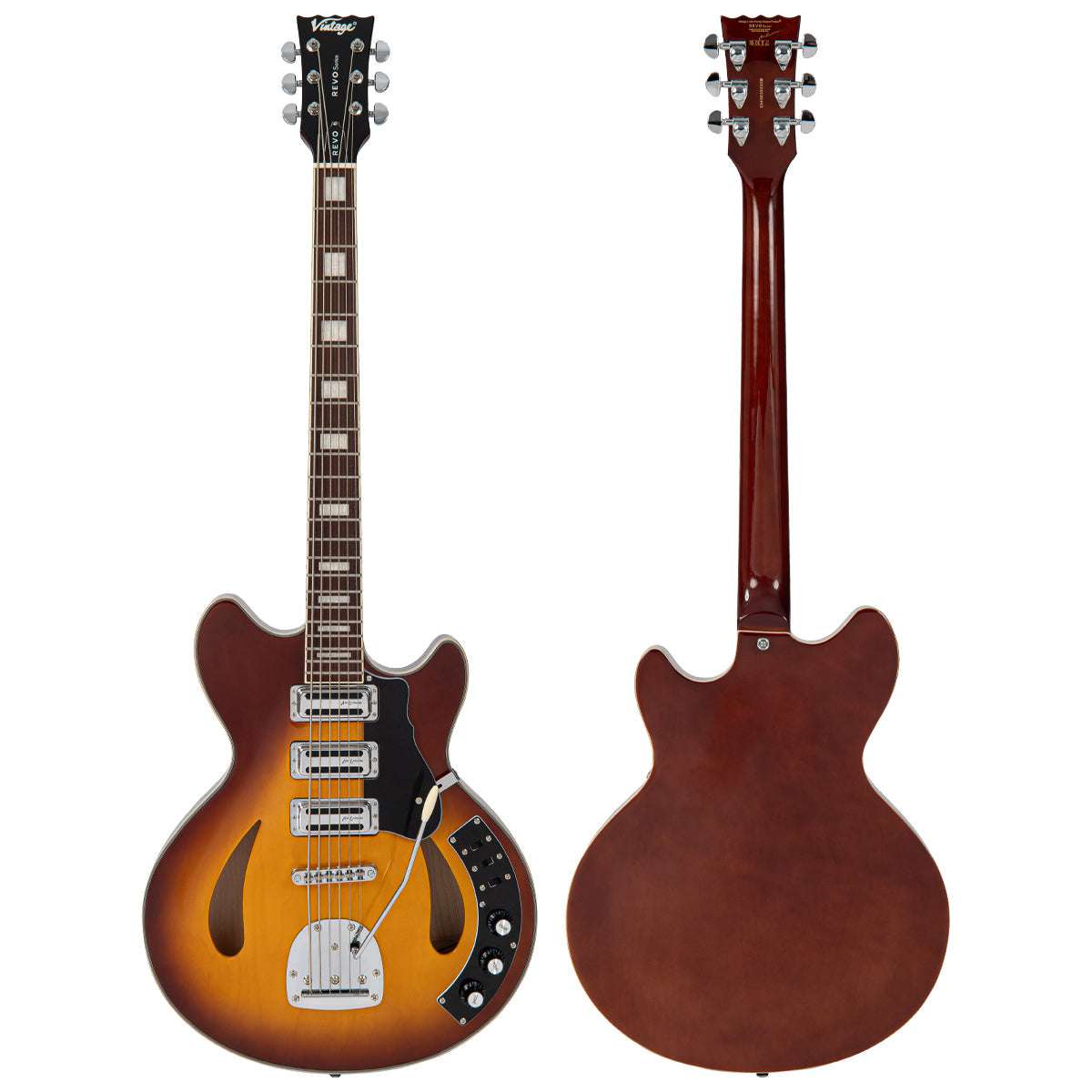 Chitarra semiacustica vintage REVO Series 'Custom Supreme Baritone VI' ~ Tobacco Sunburst, in vendita presso Richards Guitars.