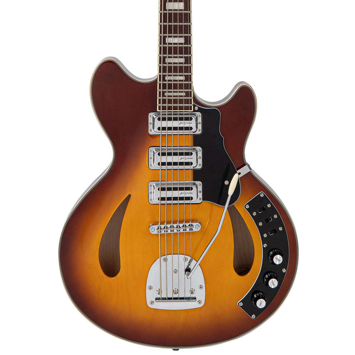 Chitarra semiacustica vintage REVO Series 'Custom Supreme Baritone VI' ~ Tobacco Sunburst, in vendita presso Richards Guitars.