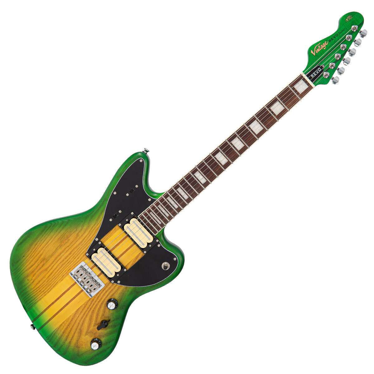 Vintage REVO Series 'Integra' Guitar ~ Green/Yellow Burst, Electric Guitar for sale at Richards Guitars.
