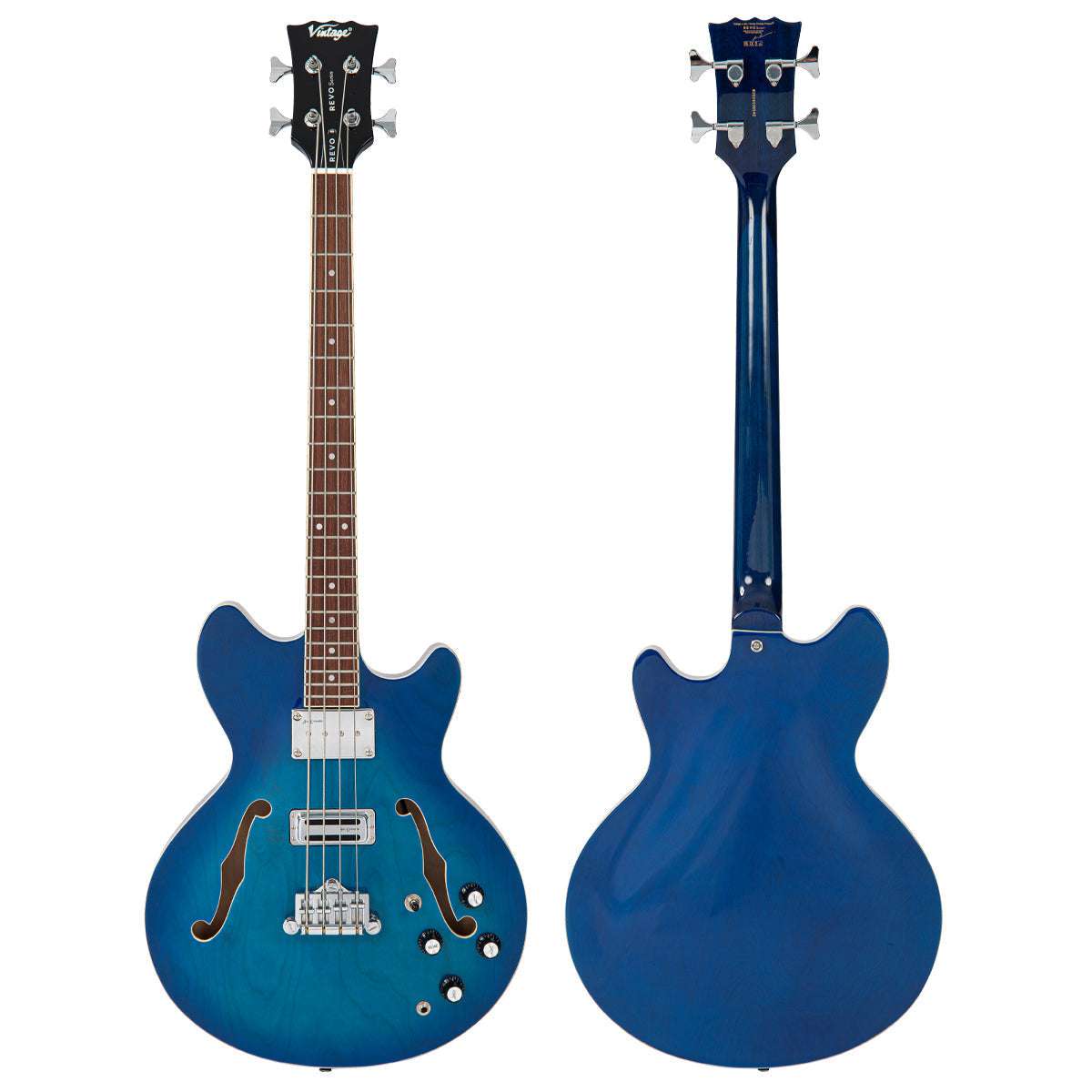 Vintage REVO Series 'Supreme' Semi Acoustic Bass ~ Blueburst, Bass Guitar for sale at Richards Guitars.