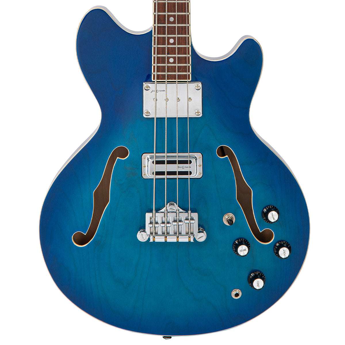 Vintage REVO Series 'Supreme' Semi Acoustic Bass ~ Blueburst, Bass Guitar for sale at Richards Guitars.