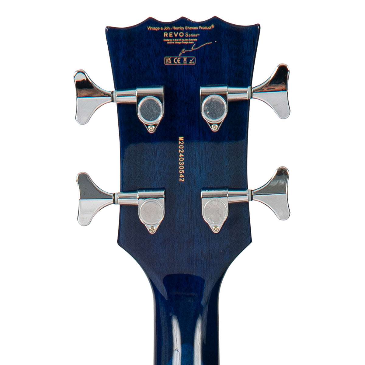 Vintage REVO Series 'Supreme' Semi Acoustic Bass ~ Blueburst, Bass Guitar for sale at Richards Guitars.
