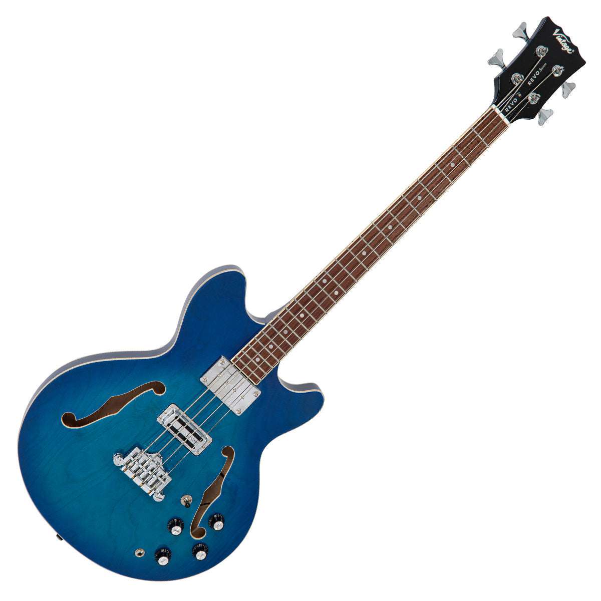 Vintage REVO Series 'Supreme' Semi Acoustic Bass ~ Blueburst, Bass Guitar for sale at Richards Guitars.