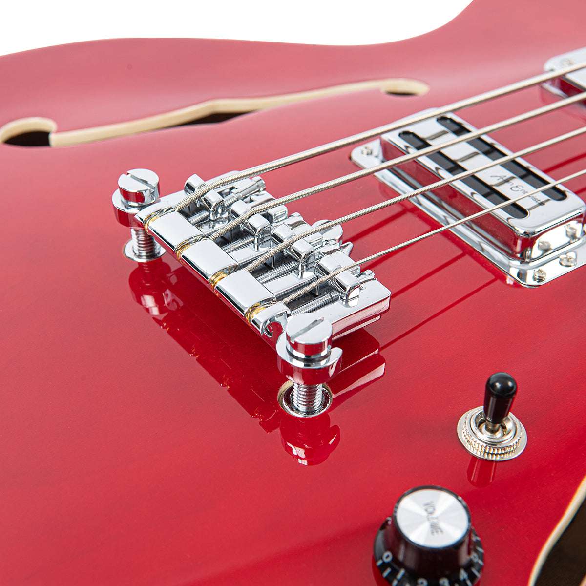 Vintage REVO Series 'Supreme' Semi Acoustic Bass ~ Cherry Red, Bass Guitar for sale at Richards Guitars.