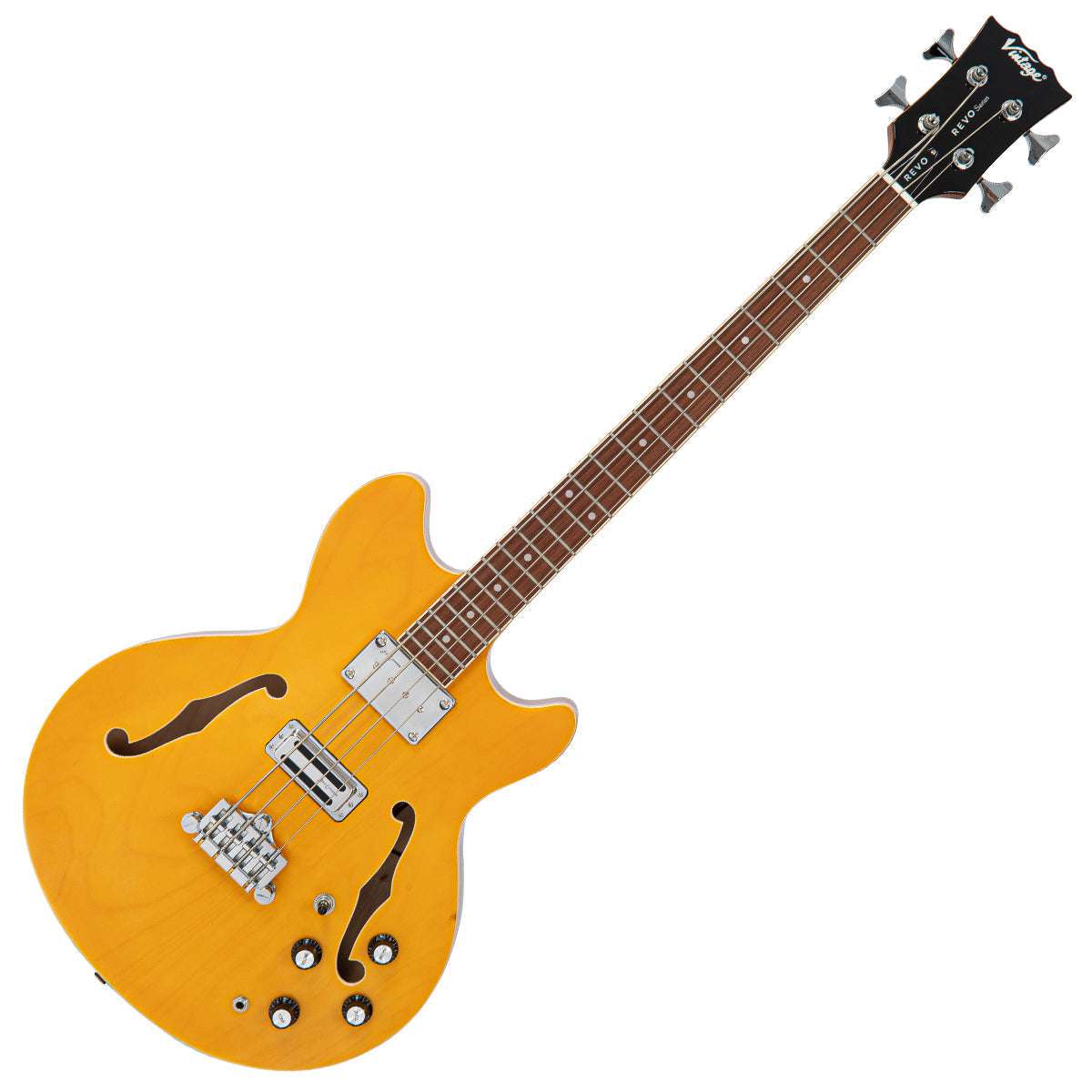 Vintage REVO Series 'Supreme' Semi Acoustic Bass ~ Natural, Bass Guitar for sale at Richards Guitars.