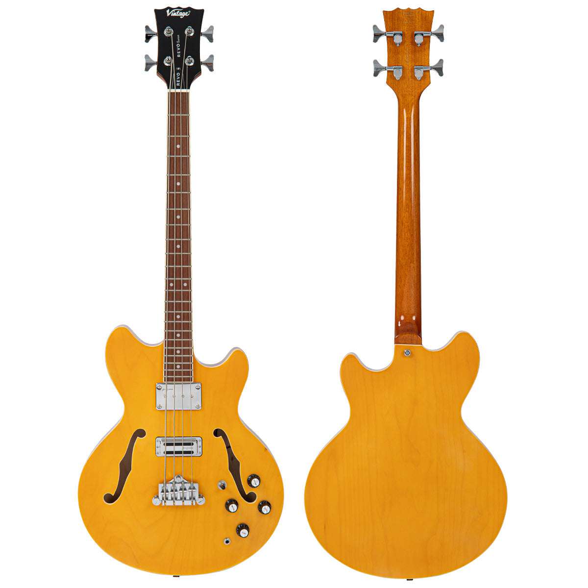 Vintage REVO Series 'Supreme' Semi Acoustic Bass ~ Natural, Bass Guitar for sale at Richards Guitars.