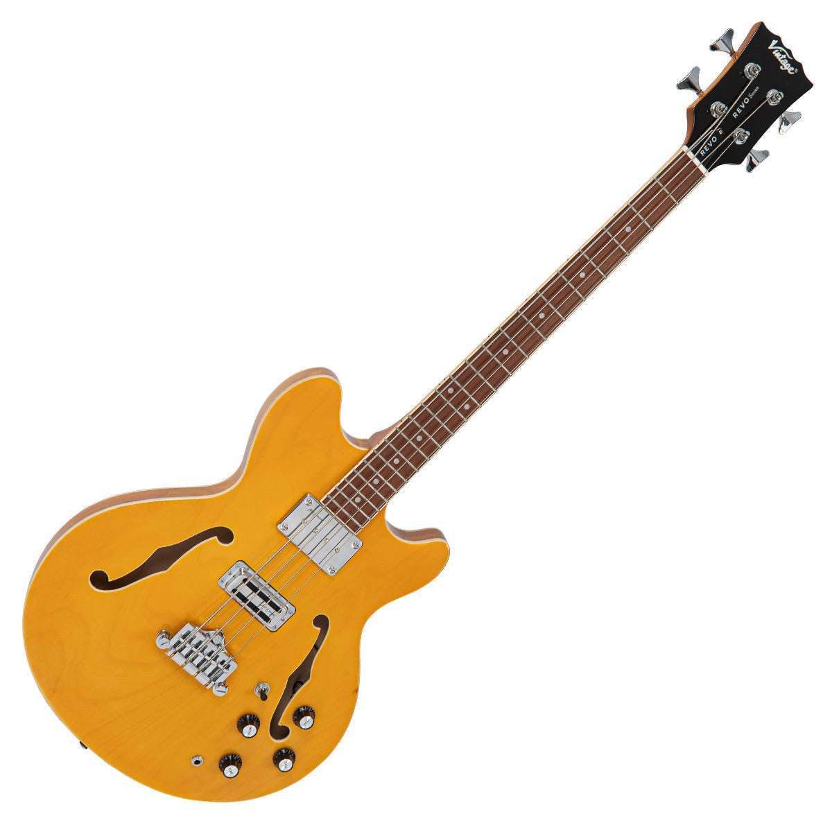 Vintage REVO Series 'Supreme' Semi Acoustic Bass ~ Natural, Bass Guitar for sale at Richards Guitars.
