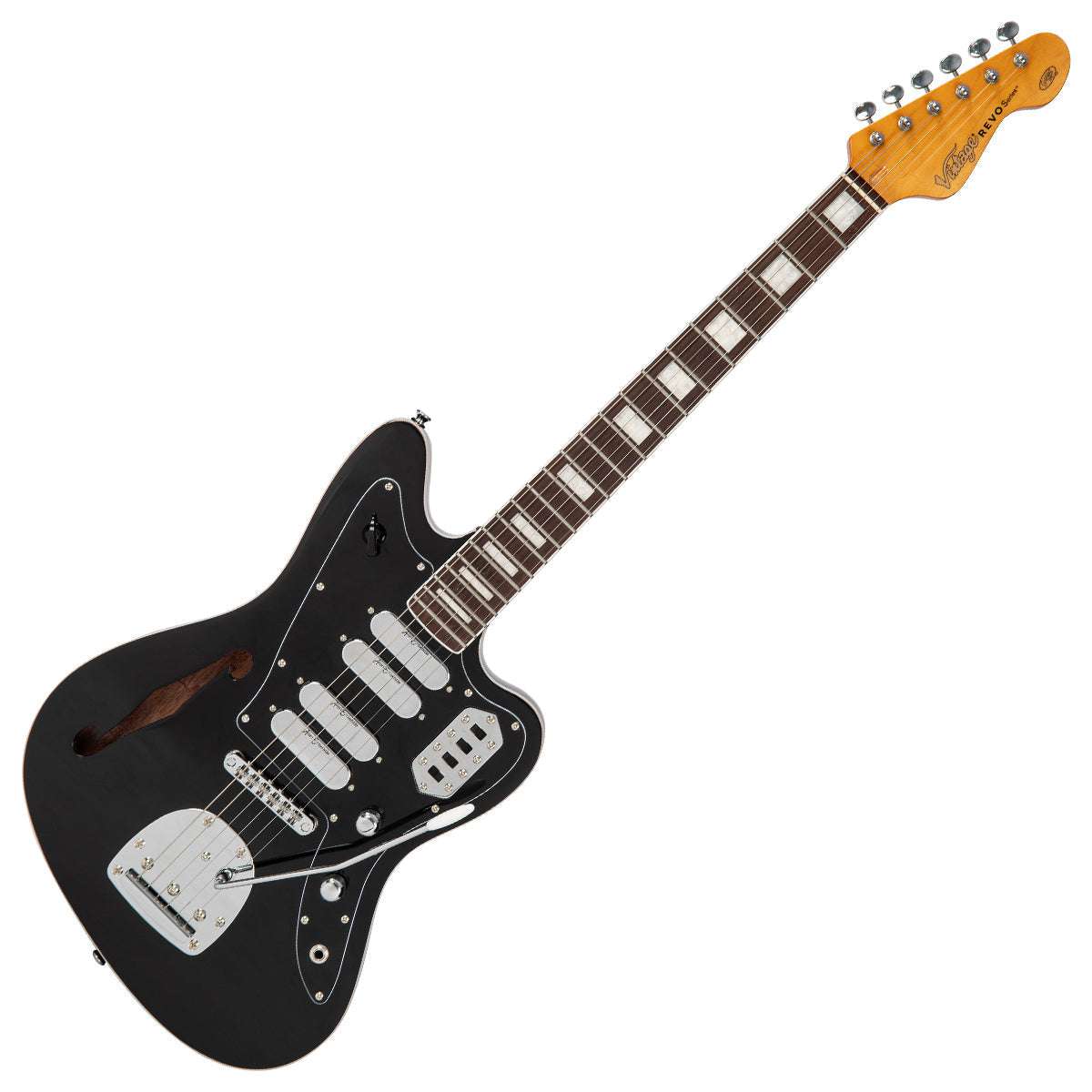 Vintage REVO Series 'Surfmaster Quad' Electric Guitar ~ Boulevard Black, Electric Guitar for sale at Richards Guitars.