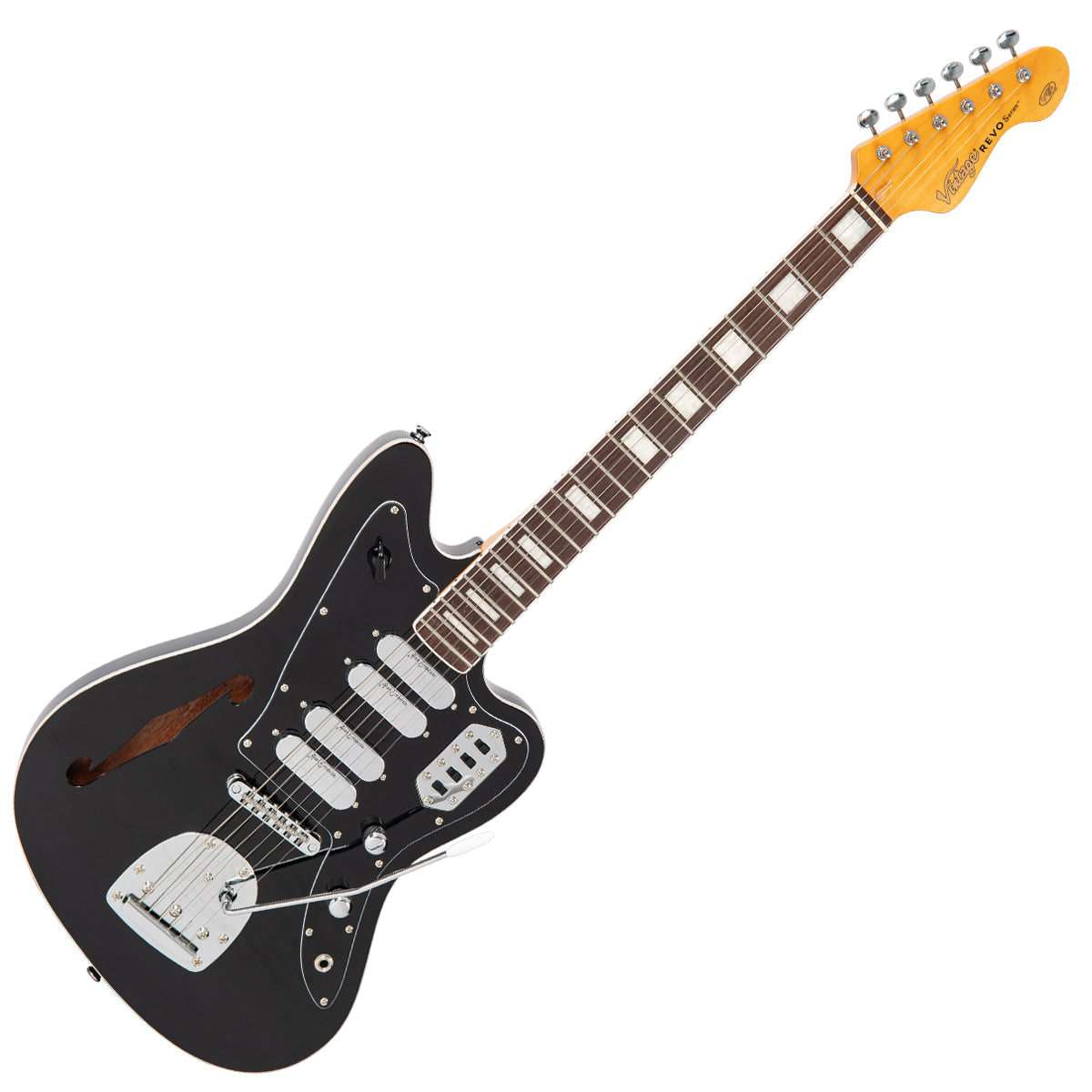 Vintage REVO Series 'Surfmaster Quad' Electric Guitar ~ Boulevard Black, Electric Guitar for sale at Richards Guitars.