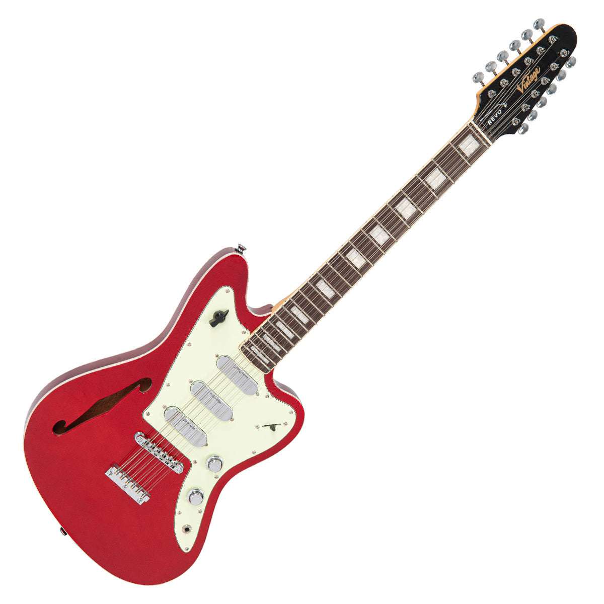 Vintage REVO Series 'Surfmaster Thinline 12' Electric Guitar ~ Candy Apple Red, Electric Guitar for sale at Richards Guitars.