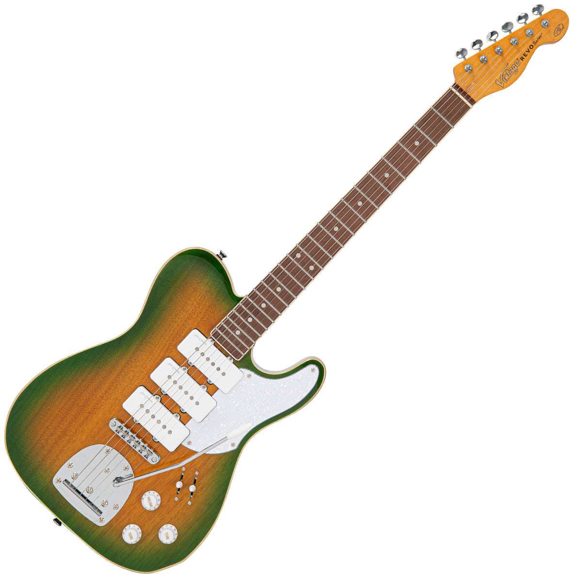 Vintage REVO Series Trio Electric Guitar ~ Green/Yellow Burst, Electric Guitar for sale at Richards Guitars.