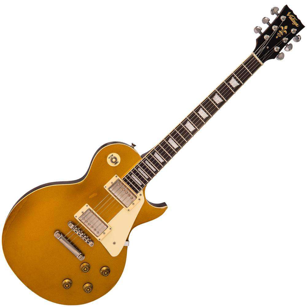 Vintage V100MRGT ICON Electric Guitar ~ Distressed HH Gold Top, Electric Guitar for sale at Richards Guitars.