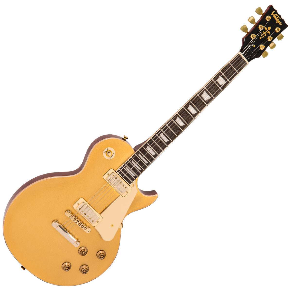 Vintage V100MGT Mini Double Coil ReIssued Electric Guitar ~ Gold Top, Chitarra elettrica in vendita su Richards Guitars.