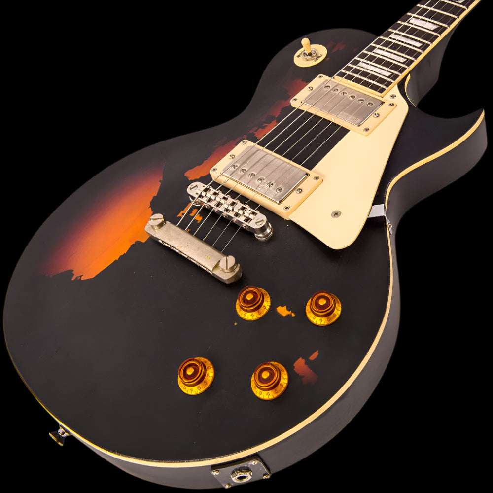 Vintage V100MRBK ICON Electric Guitar ~ Distressed Black Over Sunburst, Electric Guitar for sale at Richards Guitars.