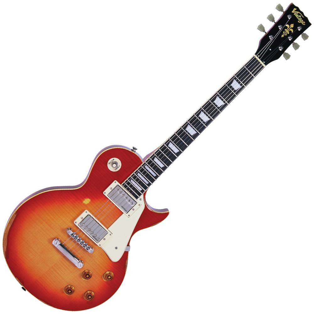 Vintage V100MRCS Electric Guitar ~ Distressed Cherry Sunburst, Electric Guitar for sale at Richards Guitars.