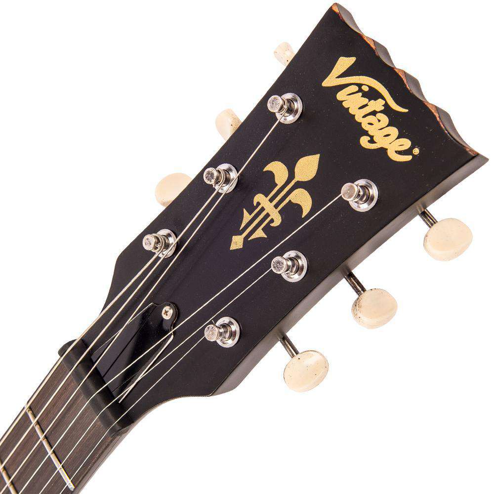 Vintage V120MRBK ICON Electric Guitar ~ Distressed Black Over Cherry Red, Electric Guitar for sale at Richards Guitars.
