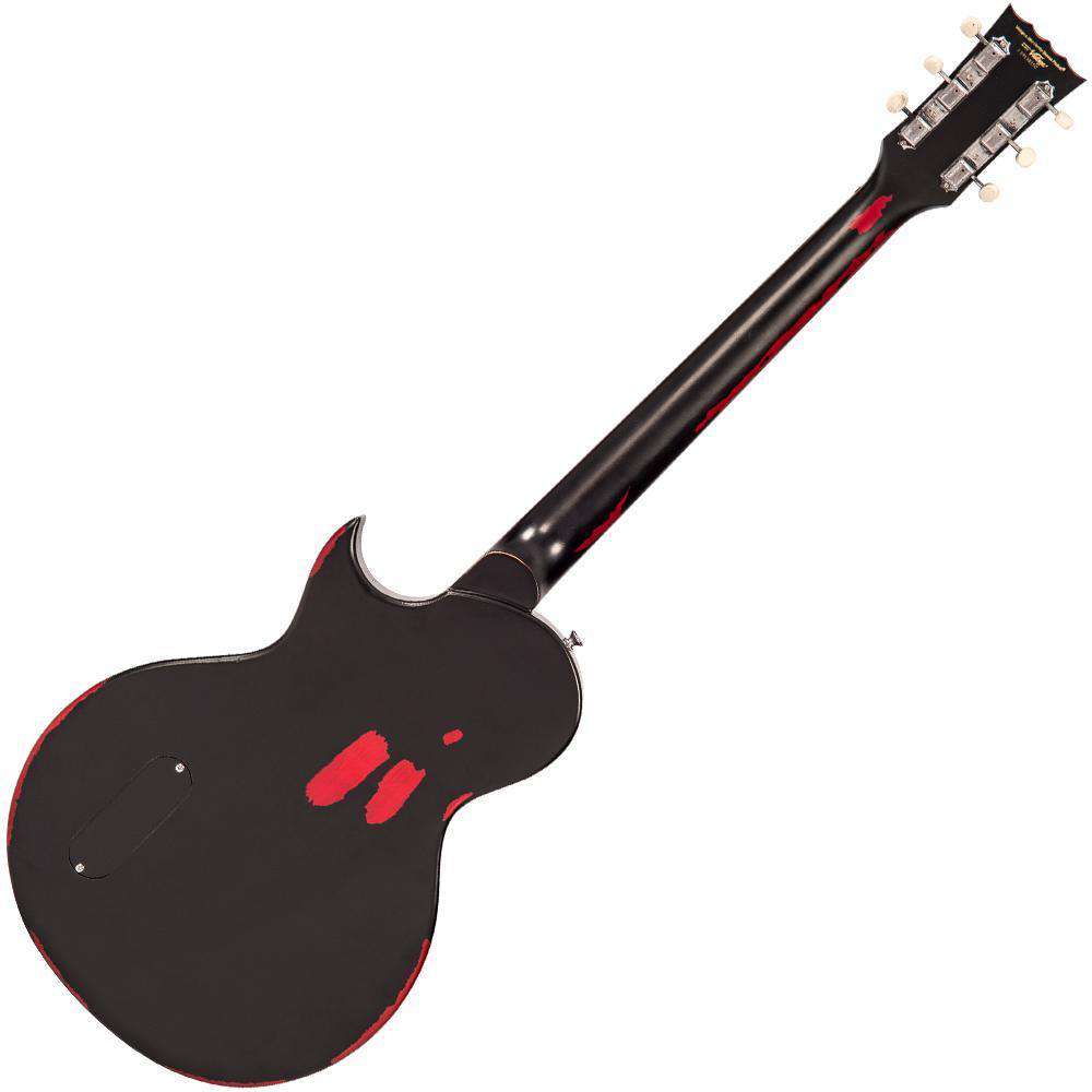 Vintage V120MRBK ICON Electric Guitar ~ Distressed Black Over Cherry Red, Electric Guitar for sale at Richards Guitars.