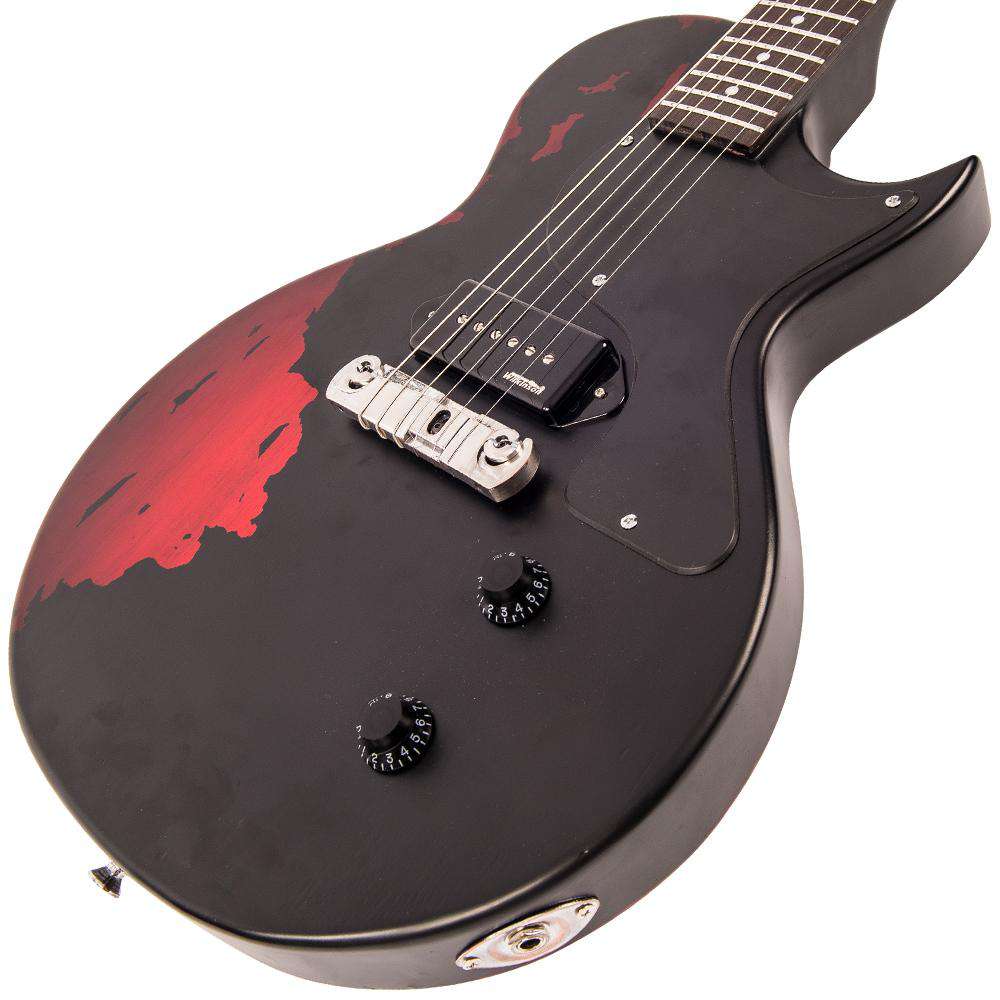 Vintage V120MRBK ICON Electric Guitar ~ Distressed Black Over Cherry Red, Electric Guitar for sale at Richards Guitars.