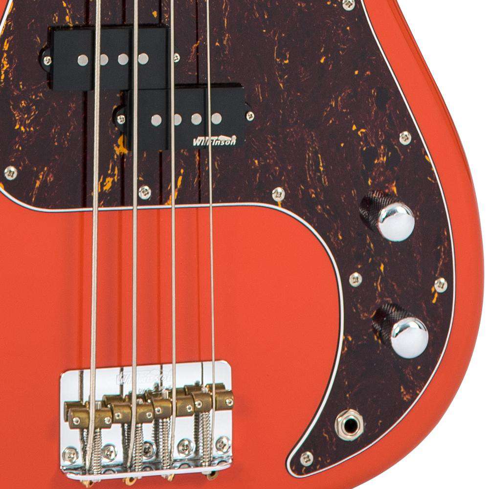 Vintage V4 ReIssued Maple Fingerboard Bass Guitar ~ Firenza Red, for sale at Richards Guitars.