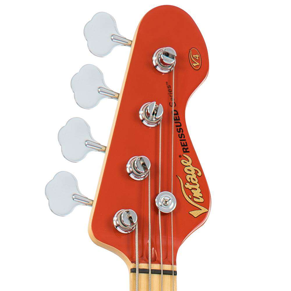 Vintage V4 ReIssued Maple Fingerboard Bass Guitar ~ Firenza Red, for sale at Richards Guitars.