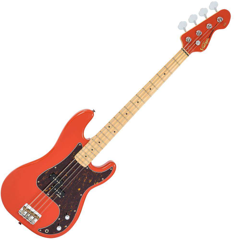 Vintage V4 ReIssued Maple Fingerboard Bass Guitar ~ Firenza Red, for sale at Richards Guitars.
