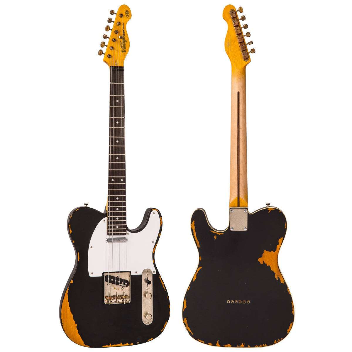 Vintage V62 ICON Electric Guitar ~ Distressed Black, Chitarra elettrica in vendita presso Richards Guitars.