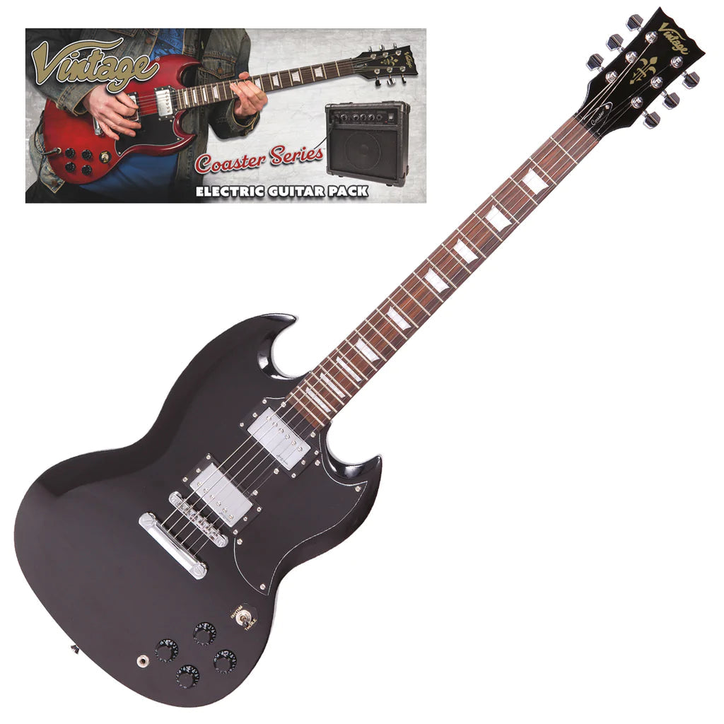 Vintage V69 Coaster Series Electric Guitar Pack ~ Gloss Black, Electric Guitar for sale at Richards Guitars.