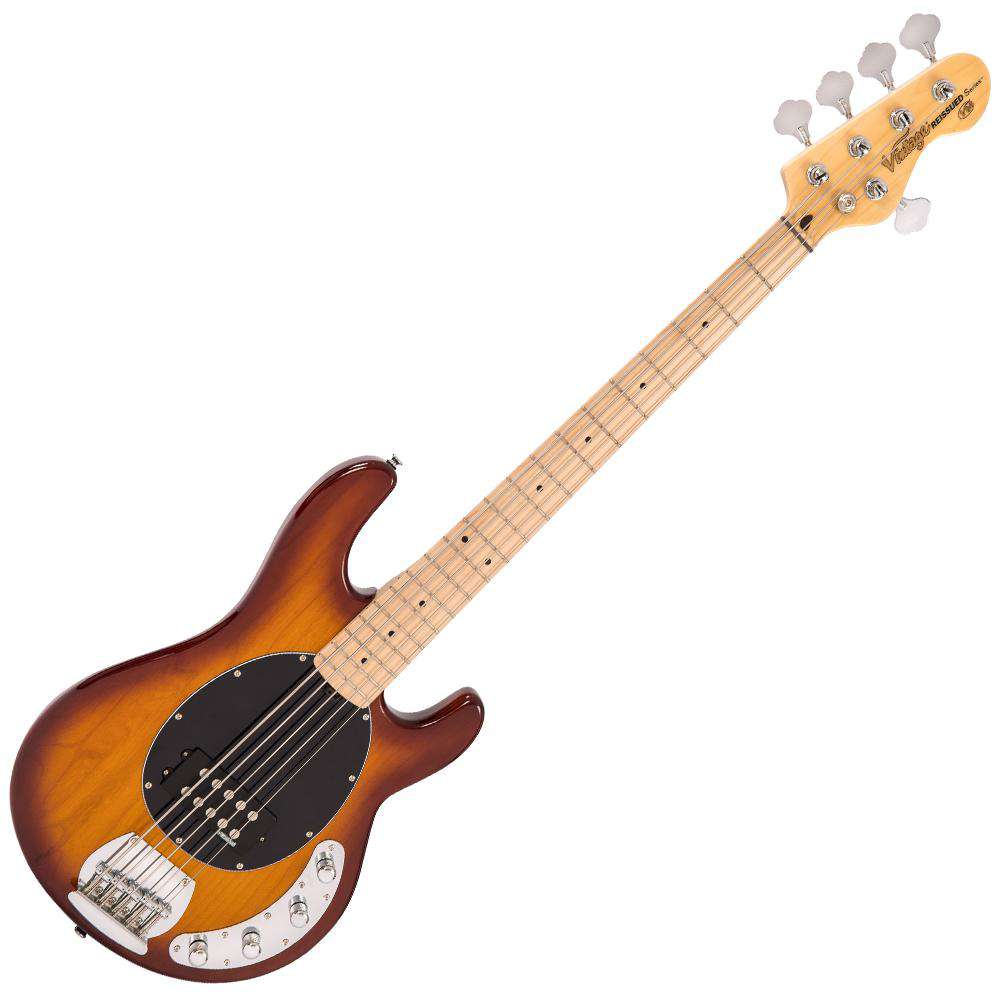 Vintage V96 ReIssued 5-String Active Bass ~ Flamed Tobacco Sunburst, Bass Guitar for sale at Richards Guitars.