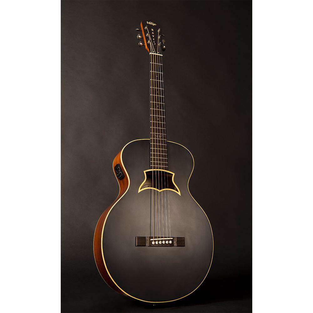 Chitarra elettroacustica vintage VRA900EA 'Raven' Paul Brett ~ Satin Black, Chitarra elettroacustica in vendita presso Richards Guitars.