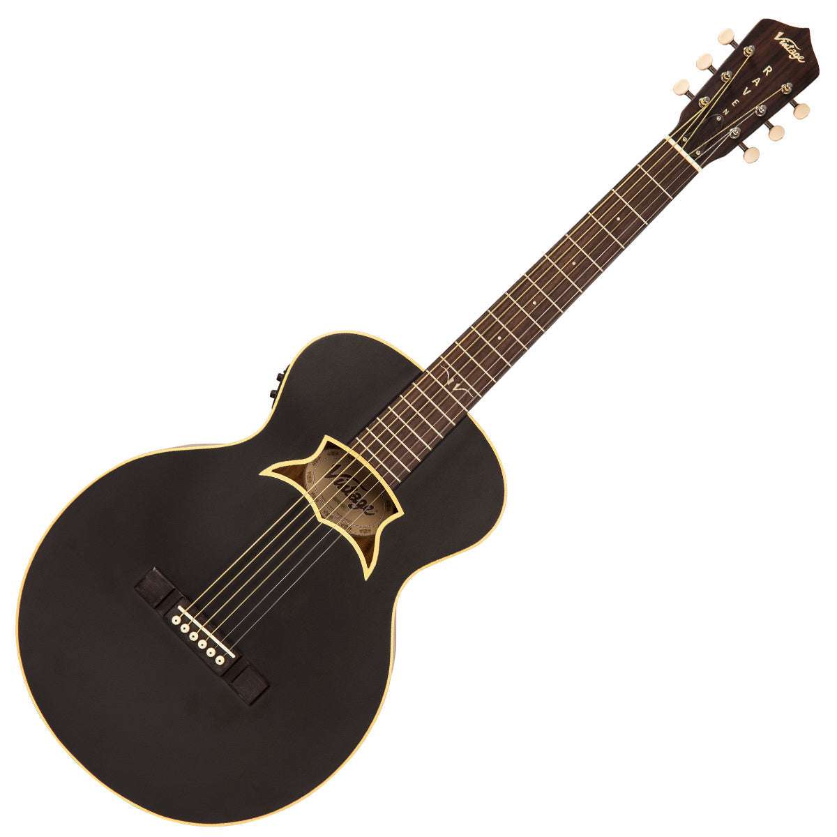 Chitarra elettroacustica vintage VRA900EA 'Raven' Paul Brett ~ Satin Black, Chitarra elettroacustica in vendita presso Richards Guitars.