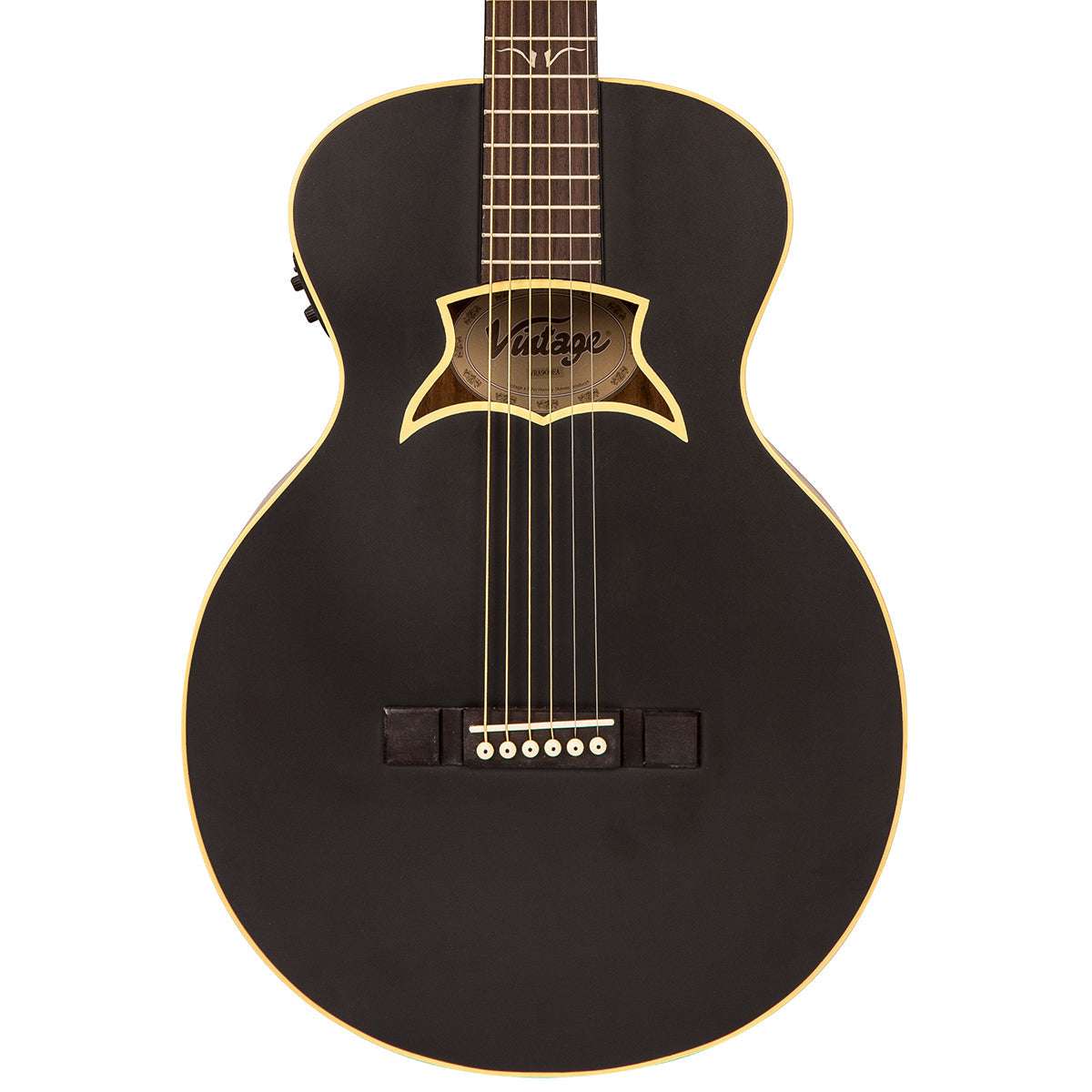 Chitarra elettroacustica vintage VRA900EA 'Raven' Paul Brett ~ Satin Black, Chitarra elettroacustica in vendita presso Richards Guitars.