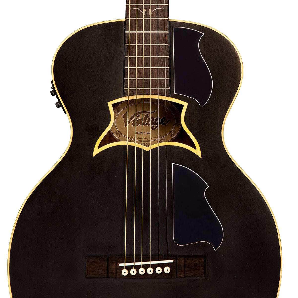 Chitarra elettroacustica vintage VRA900EA 'Raven' Paul Brett ~ Satin Black, Chitarra elettroacustica in vendita presso Richards Guitars.